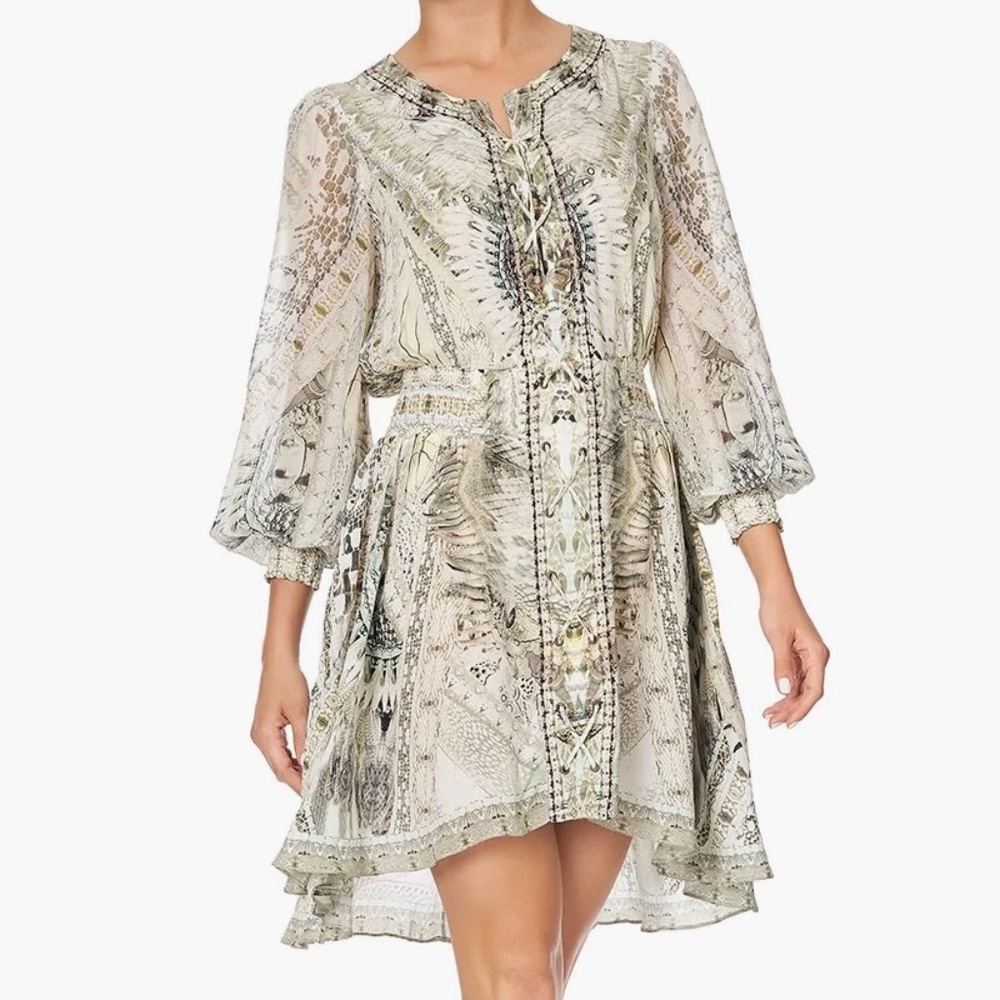 Camilla 100% Silk Daintree Dreaming Lace Up Shirred Waist Dress Blouson Sleeves